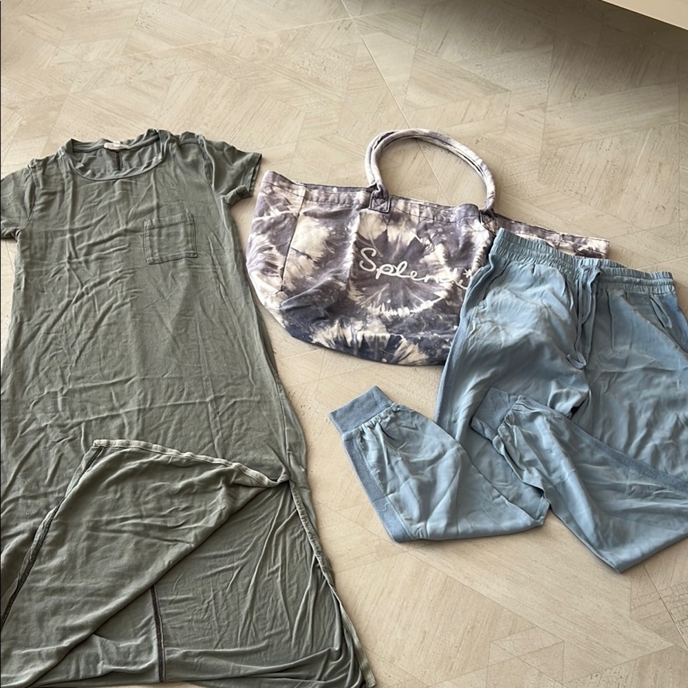 Splendid Olive Dress and Blue Joggers with Tie-Dye Tote